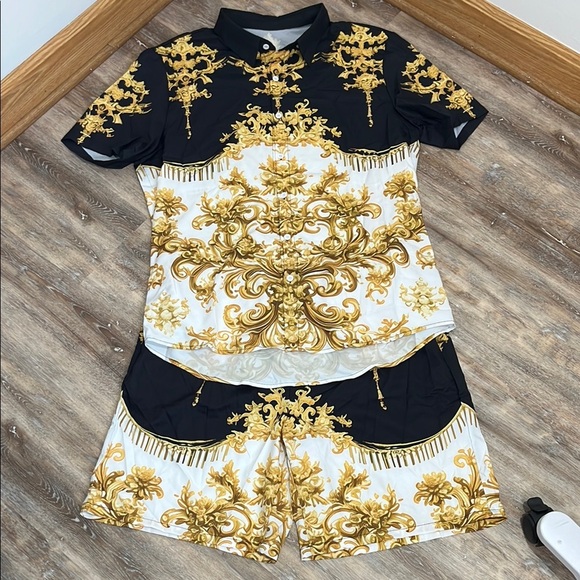 Shein Manfinity Baroque Gold Print Men’s XXL Shirt & Short Set Luxury Statement - Picture 2 of 16